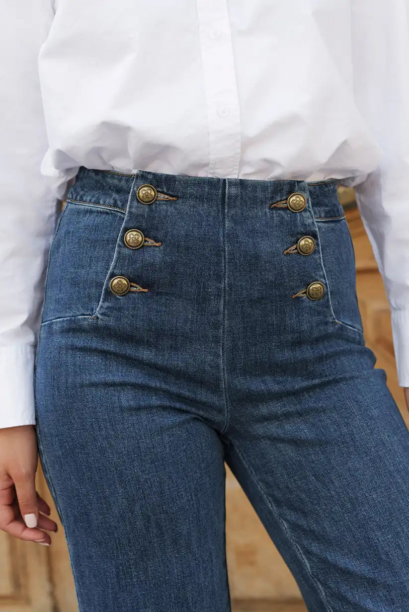 Pantalón Vaquero Campana Azul Mujer con Botones Dorados Marinero