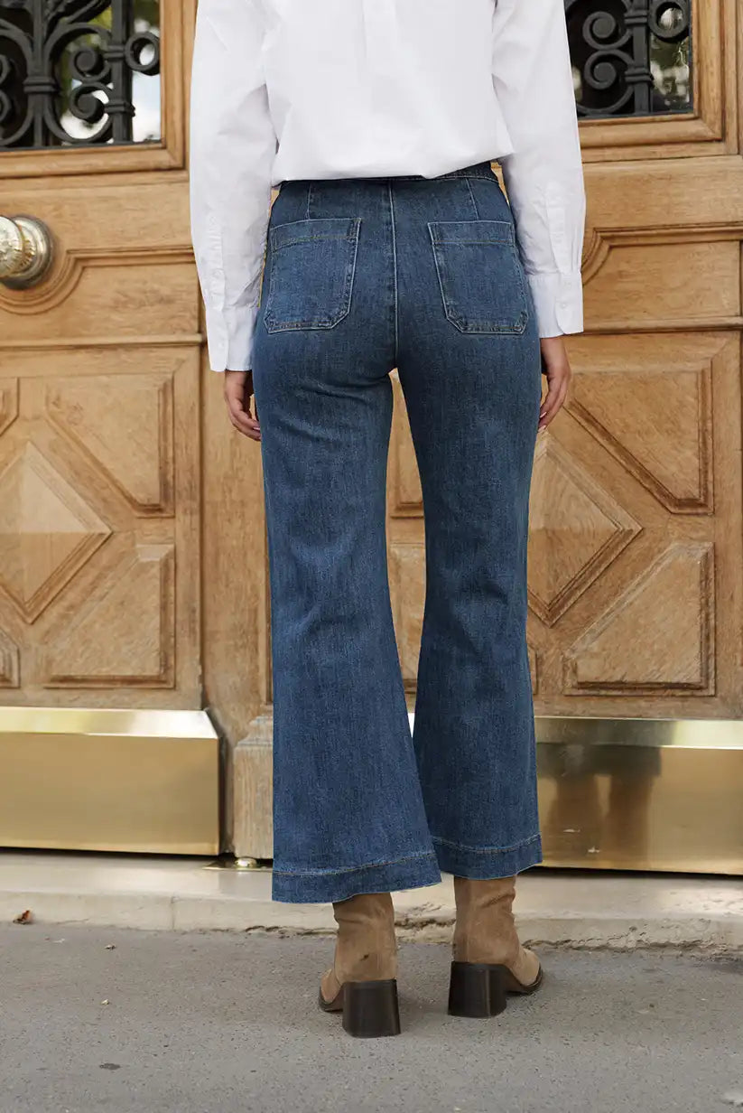 Pantalón Vaquero Campana Azul Mujer con Botones Dorados Marinero