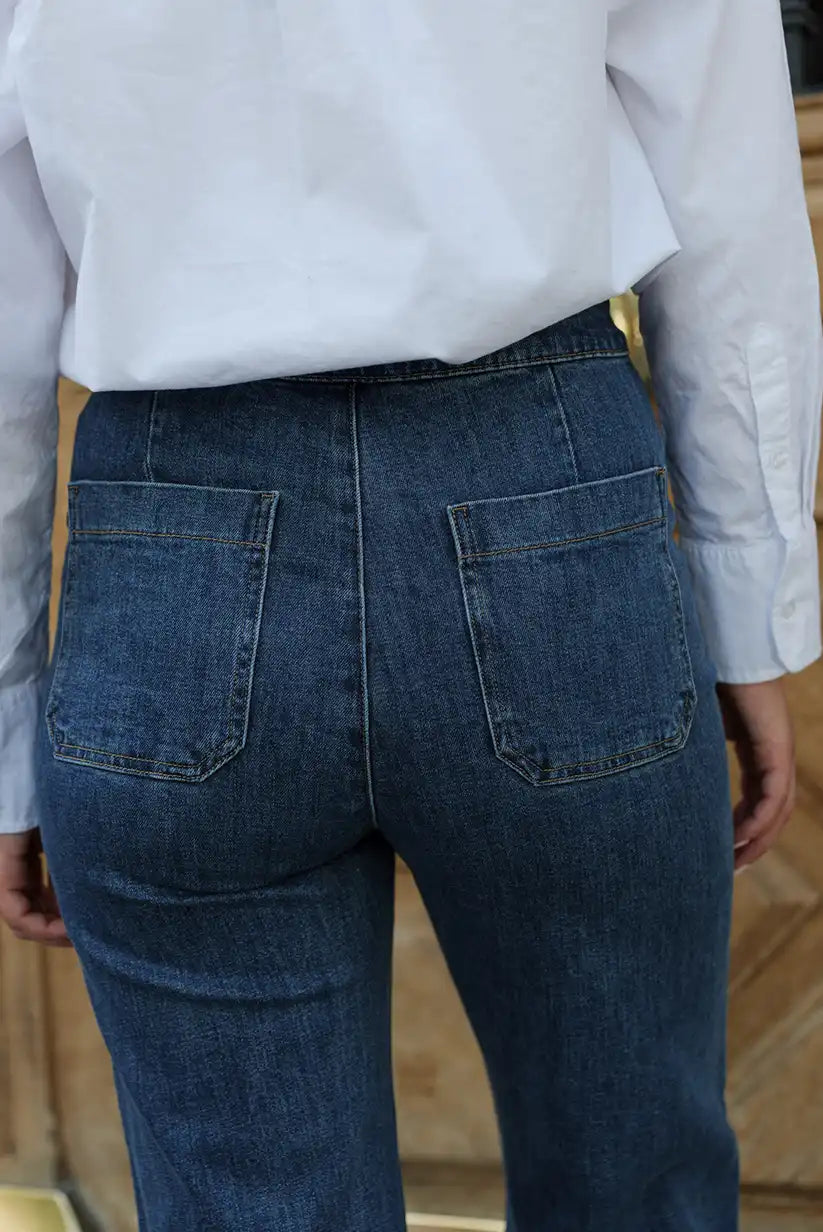 Pantalón Vaquero Campana Azul Mujer con Botones Dorados Marinero
