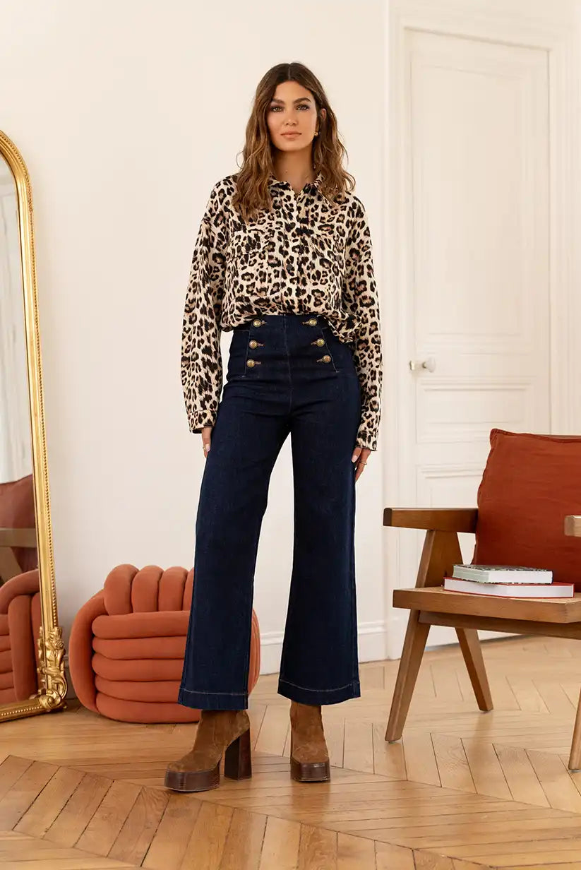 Pantalón Vaquero Campana Azul Oscuro Mujer Botones Dorados