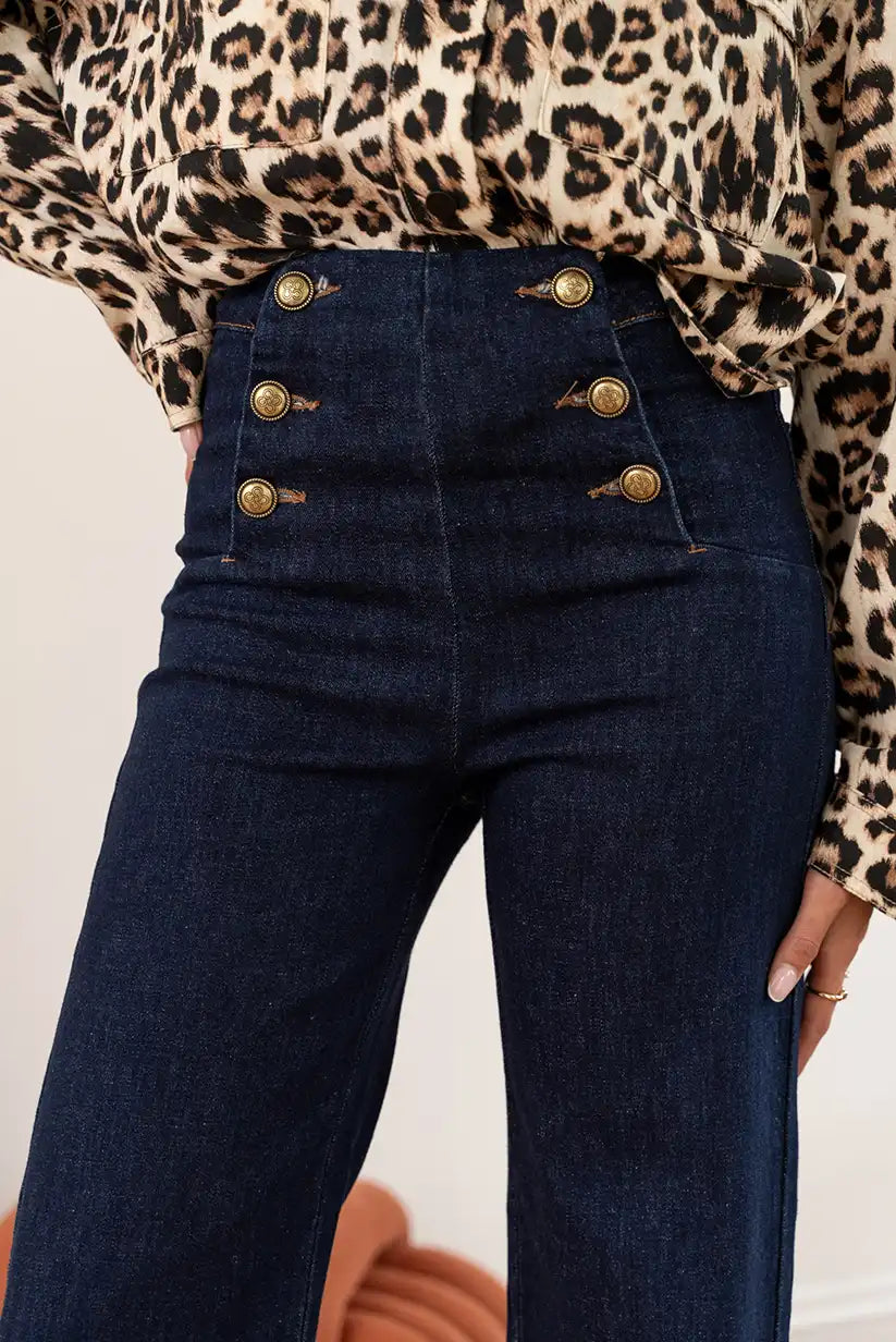 Pantalón Vaquero Campana Azul Oscuro Mujer Botones Dorados