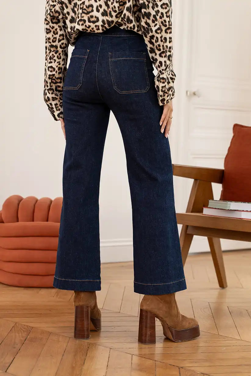 Pantalón Vaquero Campana Azul Oscuro Mujer Botones Dorados