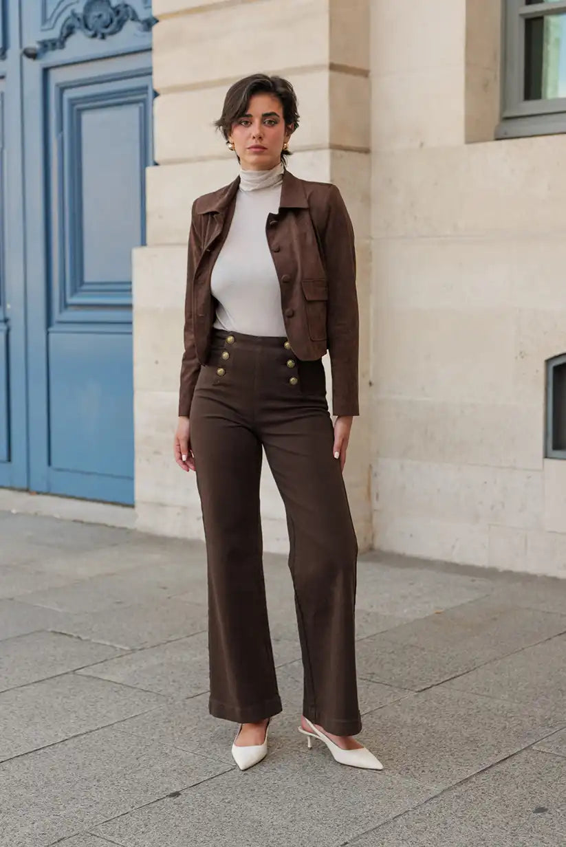 Pantalón Vaquero Mujer Campana Marrón Chocolate Botones Dorados