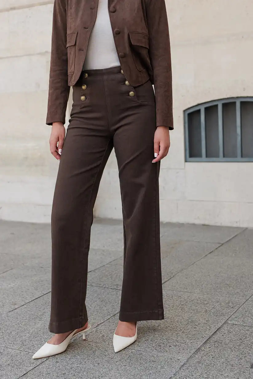 Pantalón Vaquero Mujer Campana Marrón Chocolate Botones Dorados