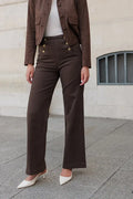 Pantalón Vaquero Mujer Campana Marrón Chocolate Botones Dorados