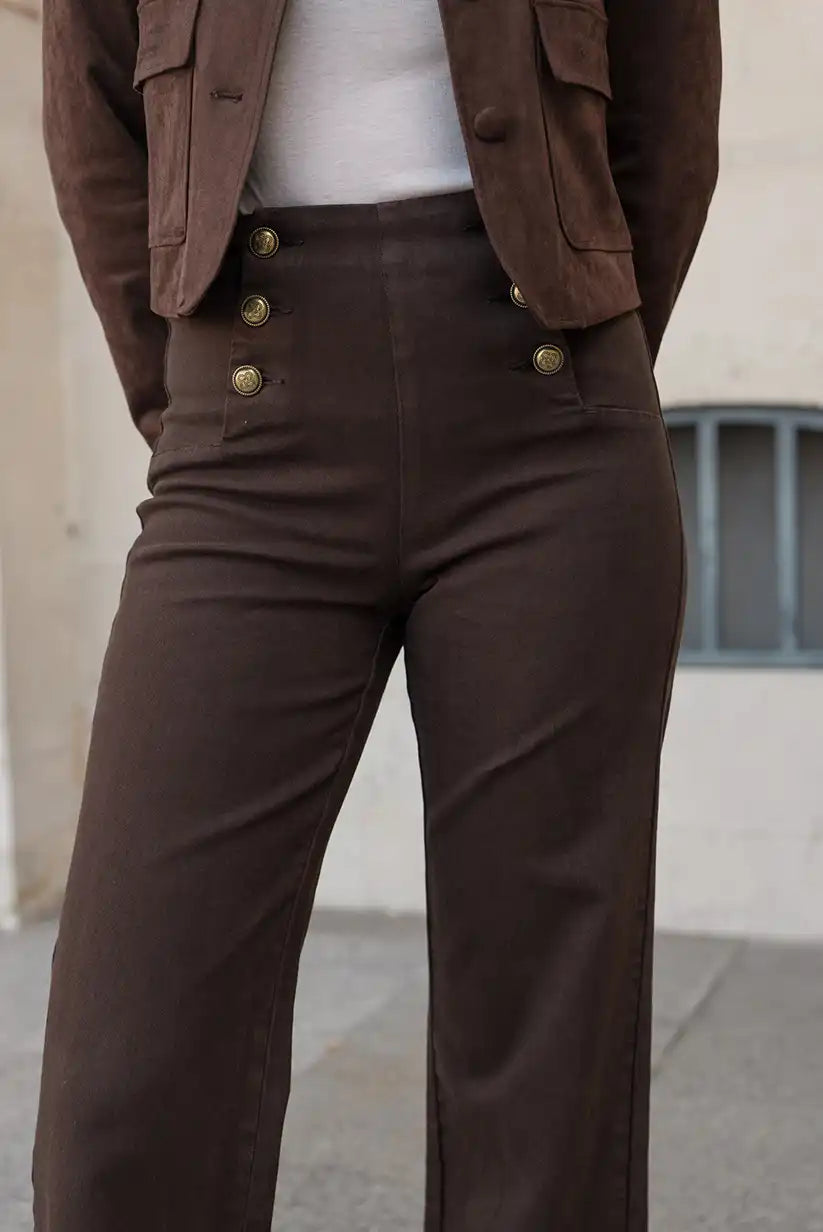 Pantalón Vaquero Mujer Campana Marrón Chocolate Botones Dorados
