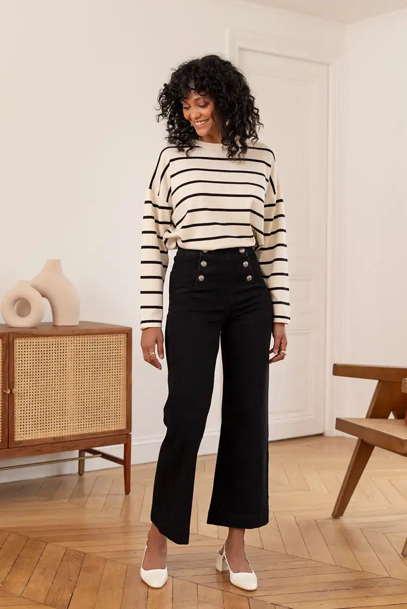 Pantalón Vaquero Negro Mujer Campana Talle Alto Botones Elegante