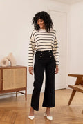 Pantalón Vaquero Negro Mujer Campana Talle Alto Botones Elegante