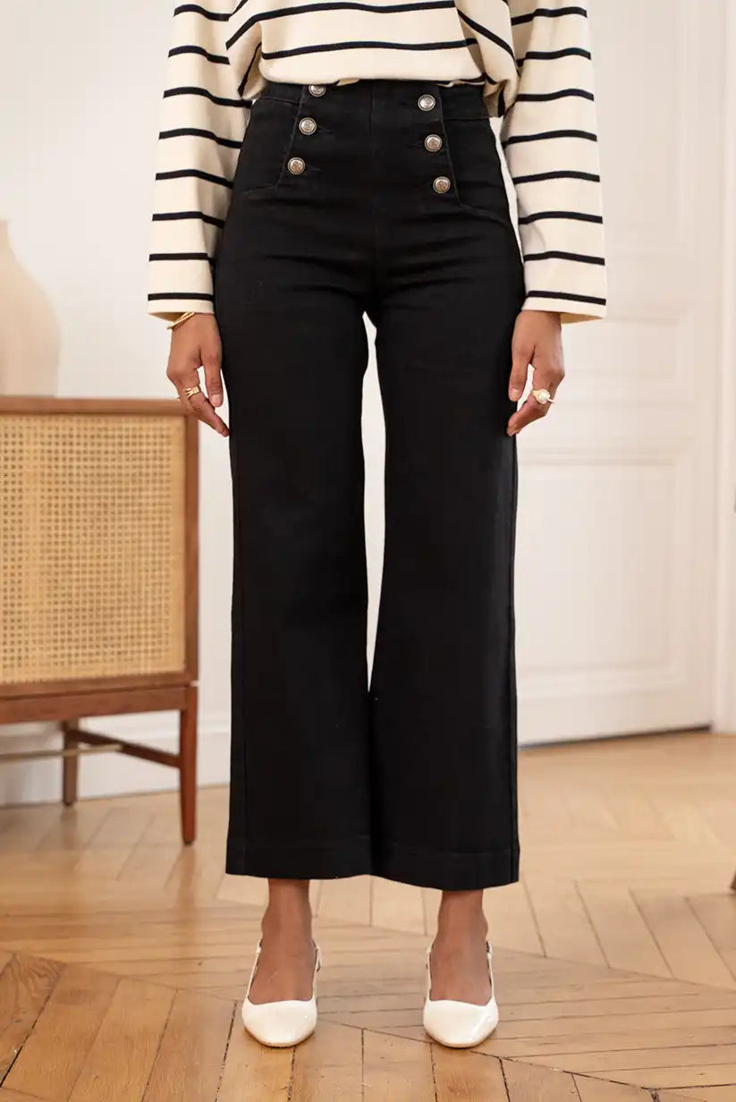Pantalón Vaquero Negro Mujer Campana Talle Alto Botones Elegante