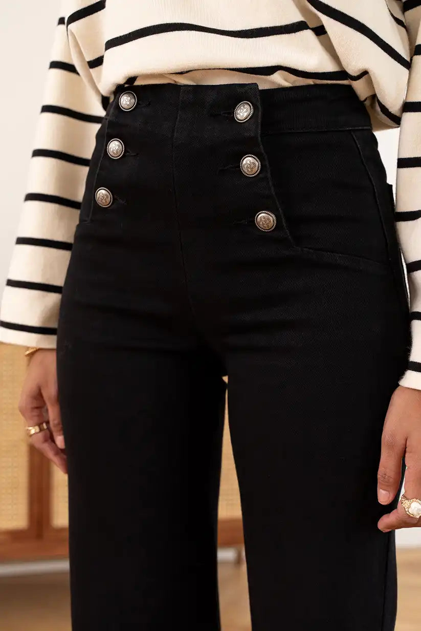 Pantalón Vaquero Negro Mujer Campana Talle Alto Botones Elegante