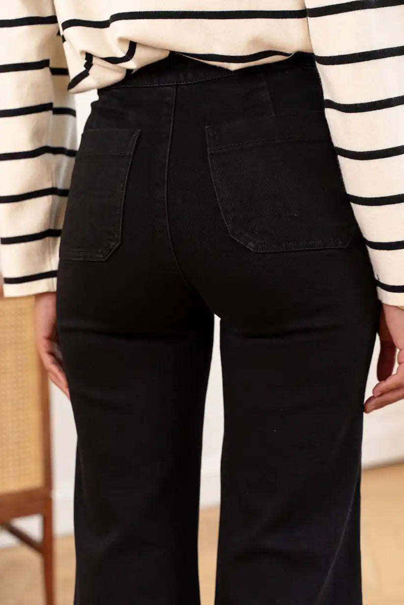 Pantalón Vaquero Negro Mujer Campana Talle Alto Botones Elegante