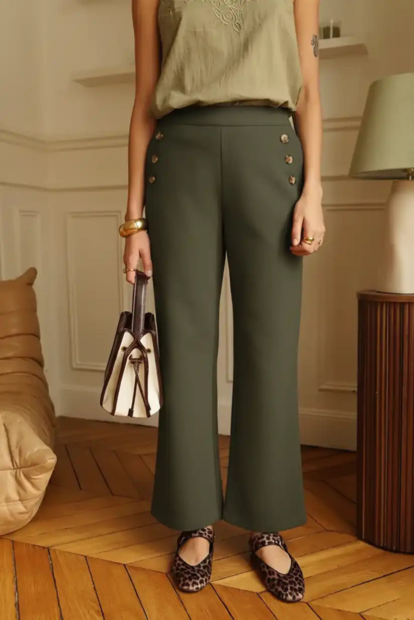Pantalón Verde Mujer Estilo Marinero con Botones Dorados Elegante