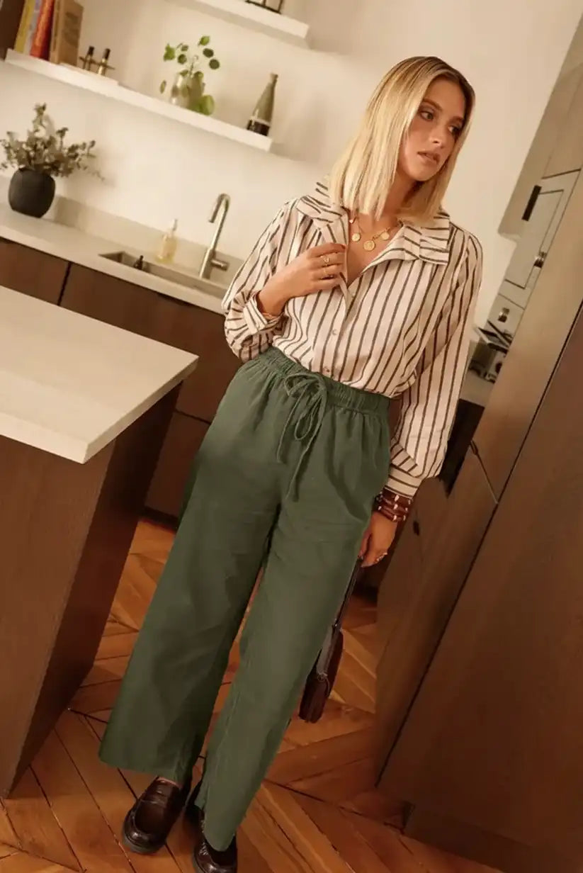 Pantalón fluido verde oliva mujer 100% algodón pierna ancha cómodo
