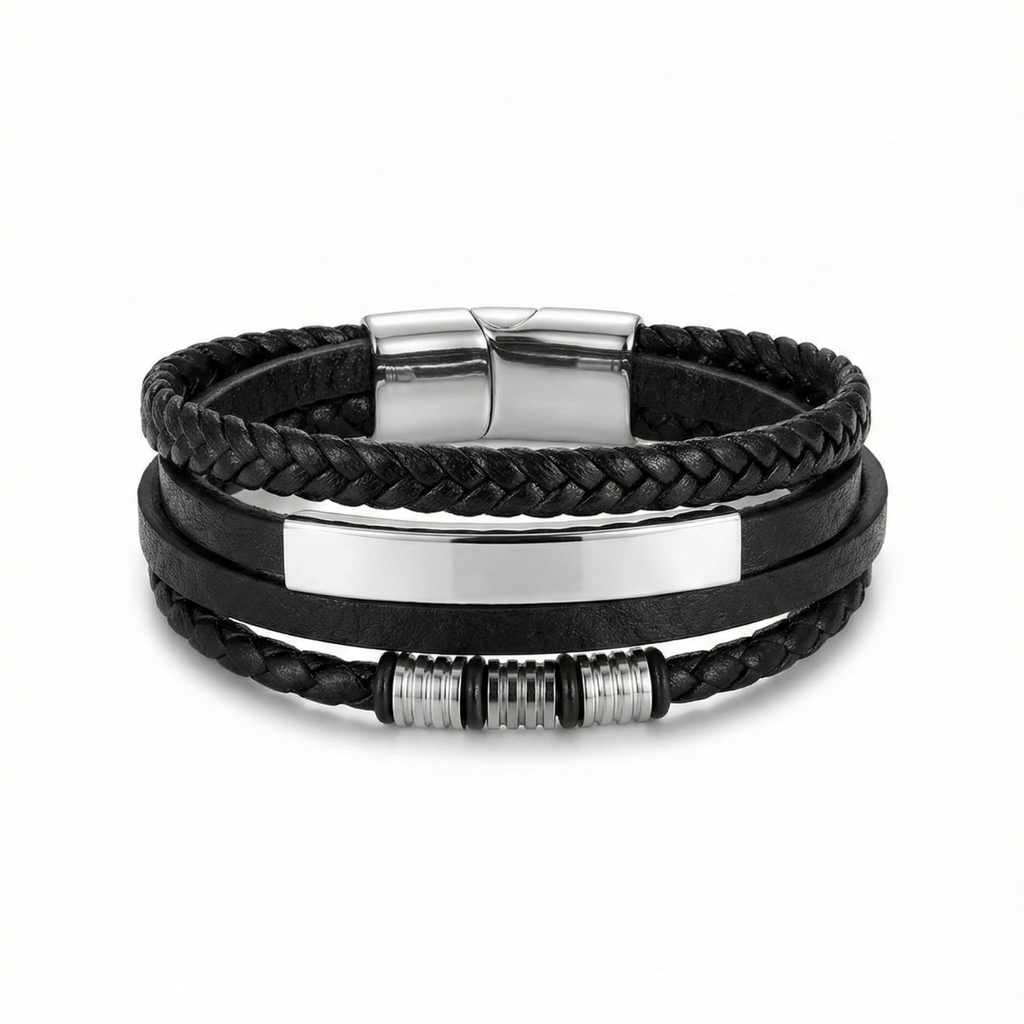 Pulsera Multicapa de Cuero Trenzado y Acero Bañado en Oro Blanco 18K - Hecho en España