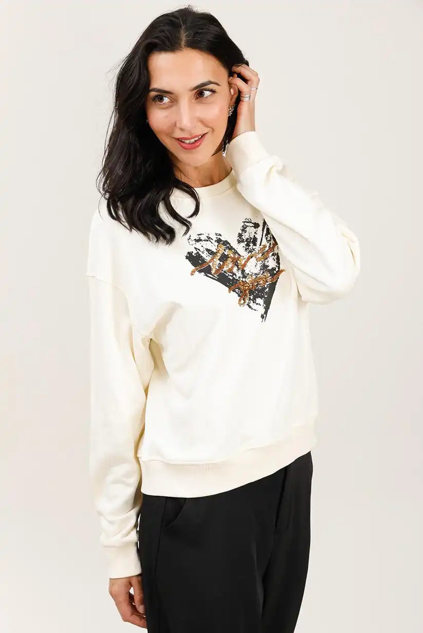 Sudadera blanca mujer algodón corazón dorado cómoda y elegante