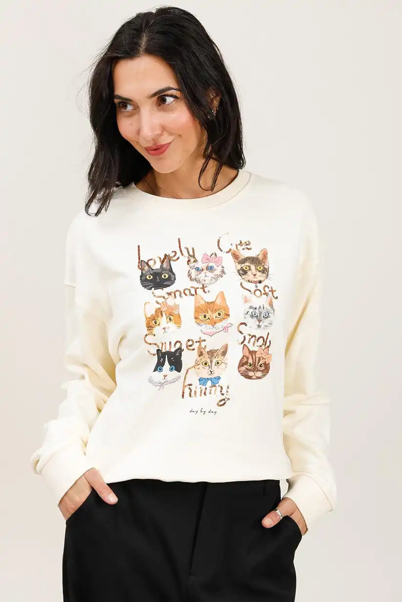 Sudadera Mujer Gatos Ilustrados Algodón Suave Casual Moderna