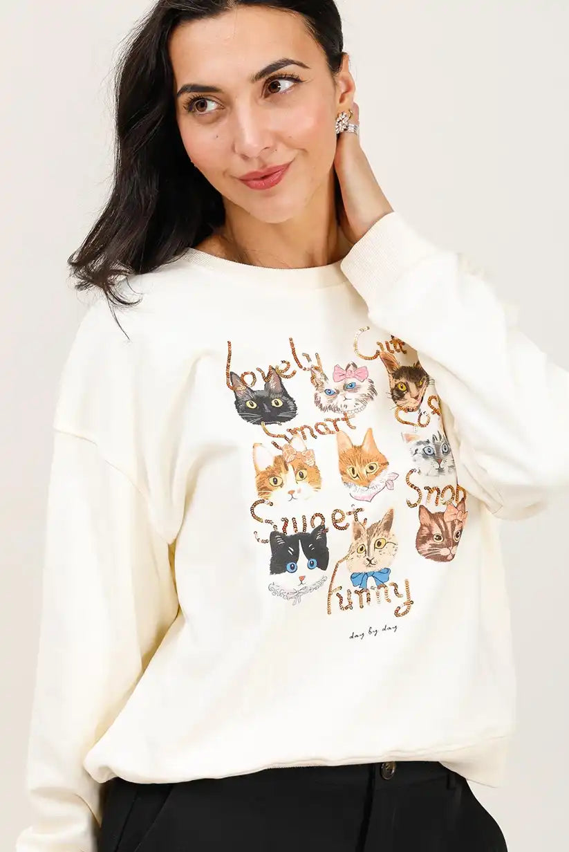Sudadera Mujer Gatos Ilustrados Algodón Suave Casual Moderna
