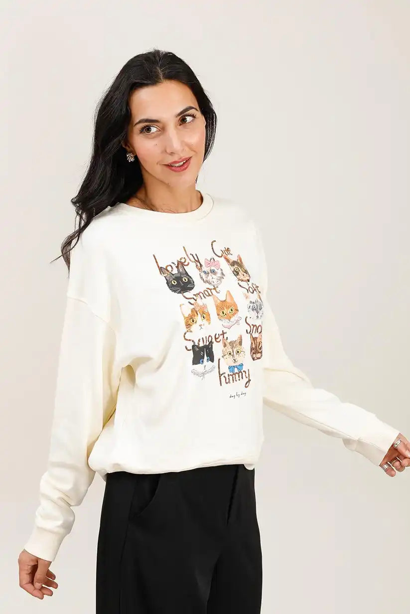 Sudadera Mujer Gatos Ilustrados Algodón Suave Casual Moderna