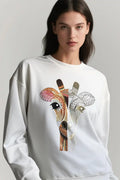 Sudadera Mujer Blanca con Jirafa Dorada Estilo Casual Artístico