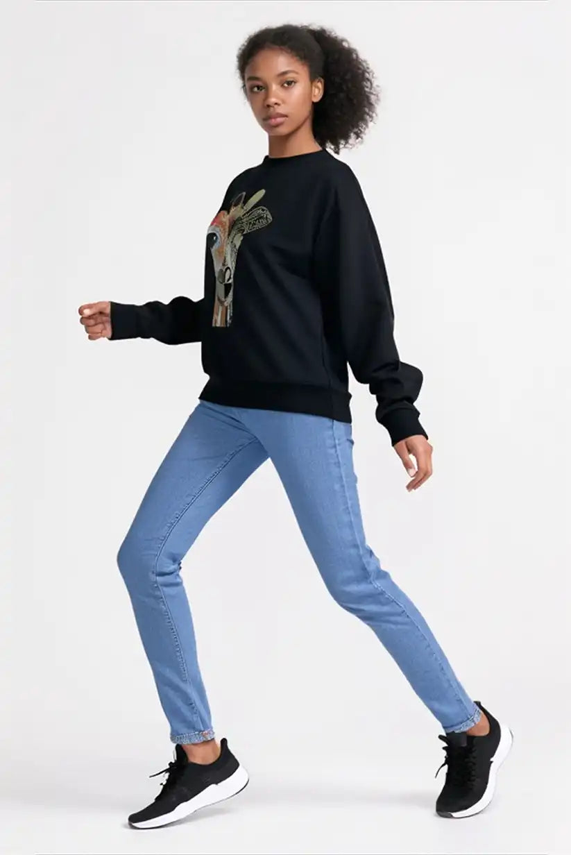 Sudadera Mujer Negra Estampado Jirafa Dorada Casual