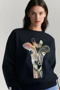 Sudadera Mujer Negra Estampado Jirafa Dorada Casual