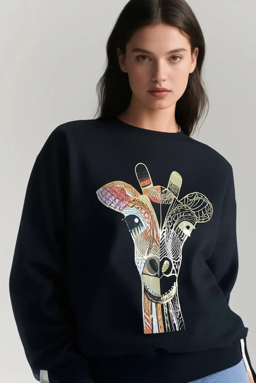 Sudadera Mujer Negra Estampado Jirafa Dorada Casual