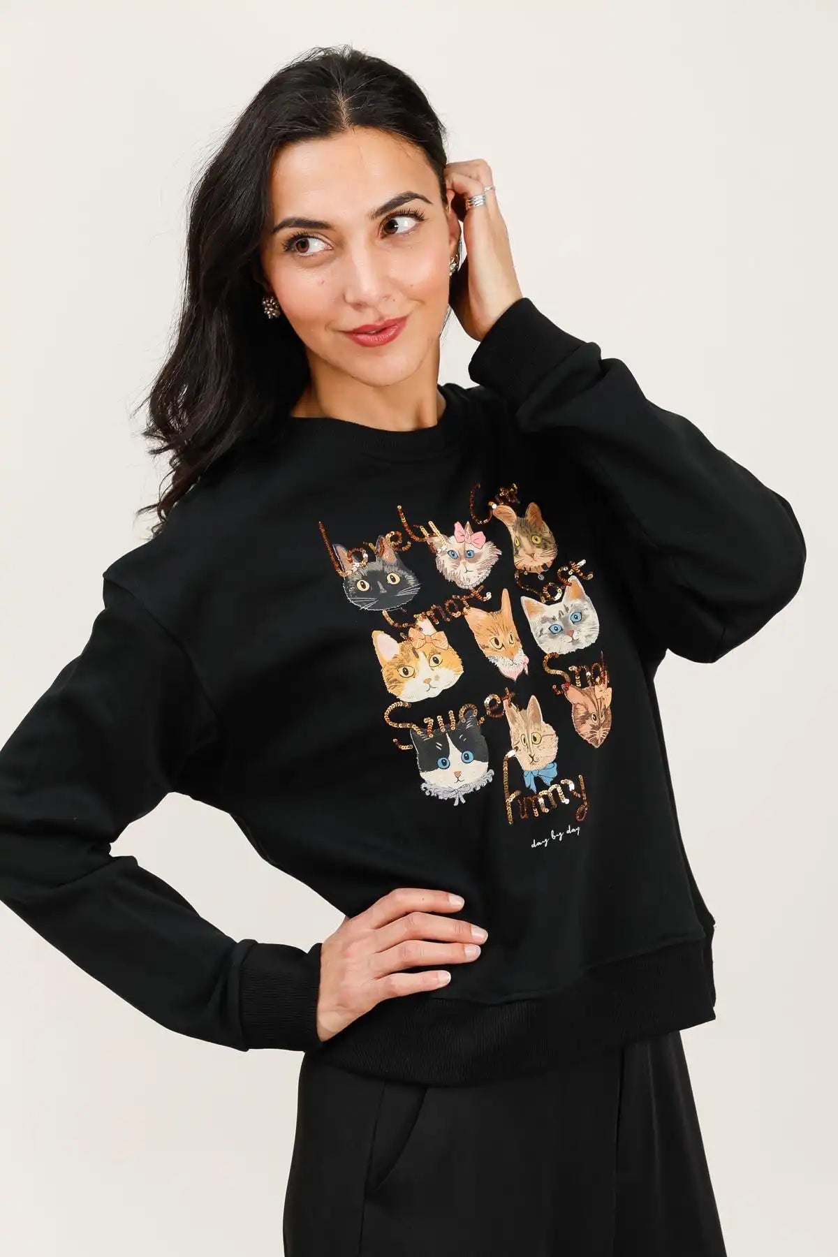 Sudadera Mujer Gatos Ilustrados Algodón Suave Casual Moderna