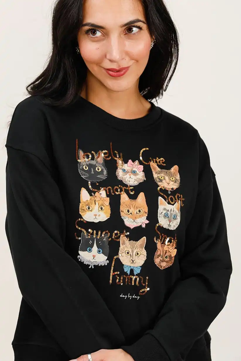 Sudadera Mujer Gatos Ilustrados Algodón Suave Casual Moderna