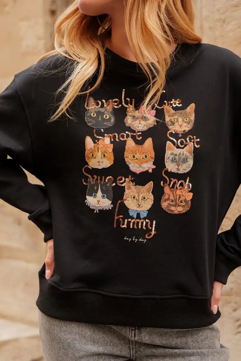 Sudadera Mujer Gatos Ilustrados Algodón Suave Casual Moderna