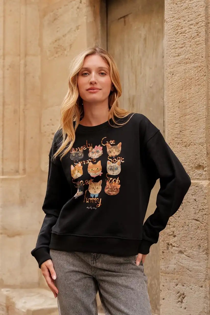 Sudadera Mujer Gatos Ilustrados Algodón Suave Casual Moderna