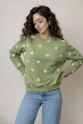 Sudadera verde de mujer con bordado de margaritas