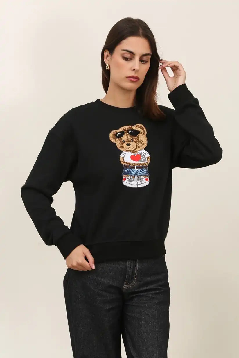 Sudadera Mujer Osito Bordado Algodón Casual Blanca o Negra