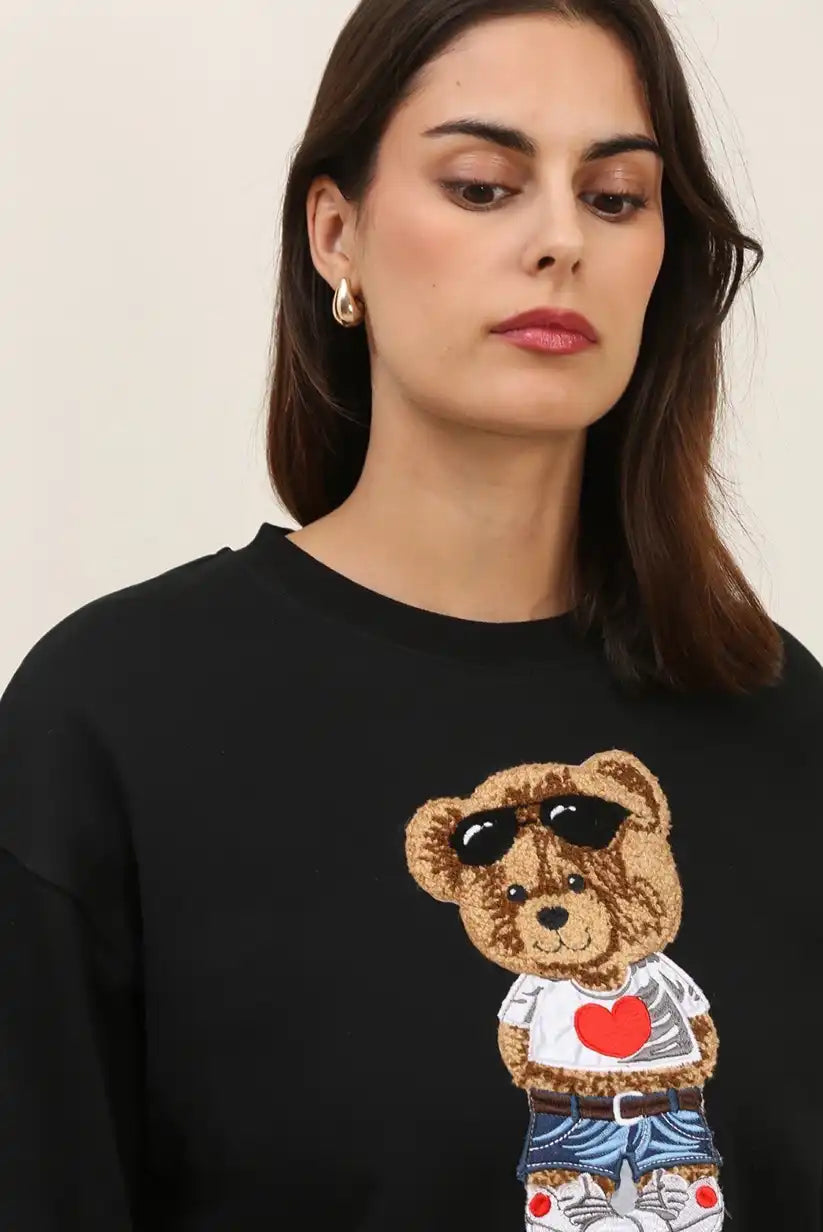 Sudadera Mujer Osito Bordado Algodón Casual Blanca o Negra