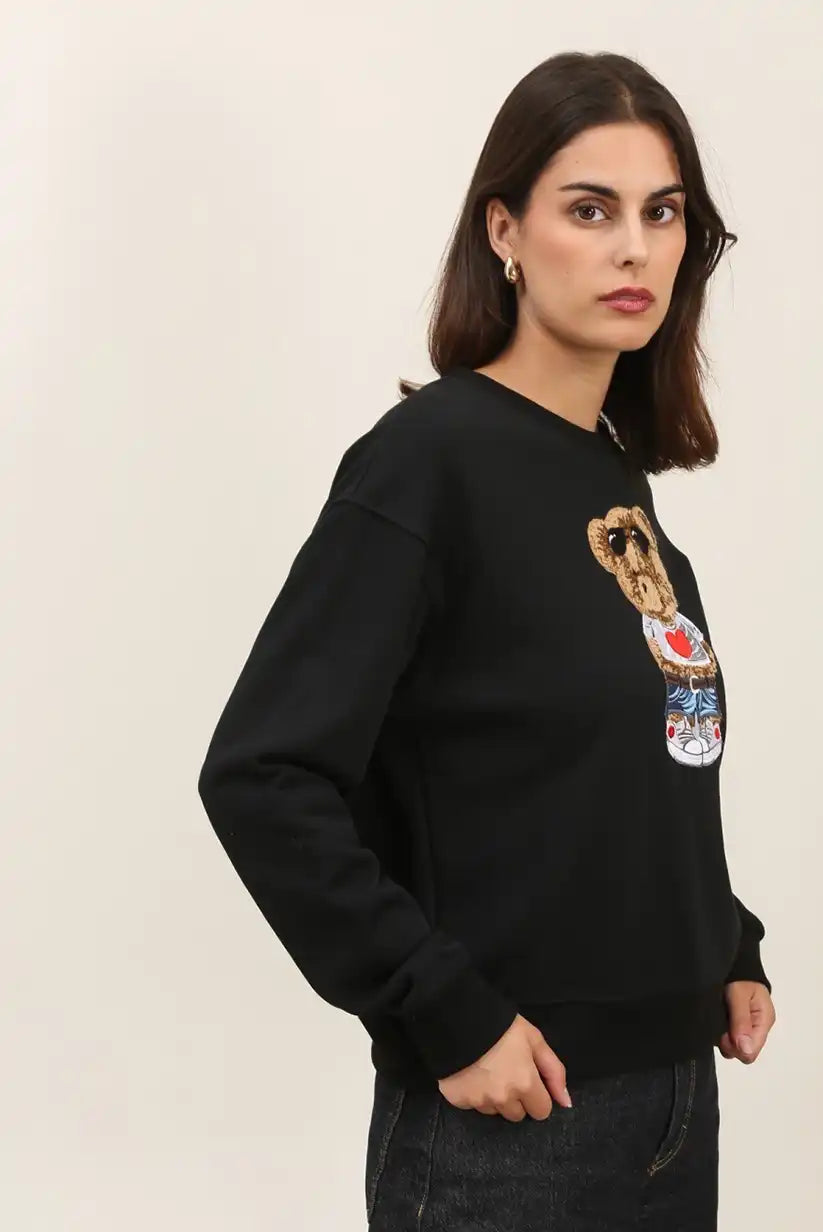 Sudadera Mujer Osito Bordado Algodón Casual Blanca o Negra
