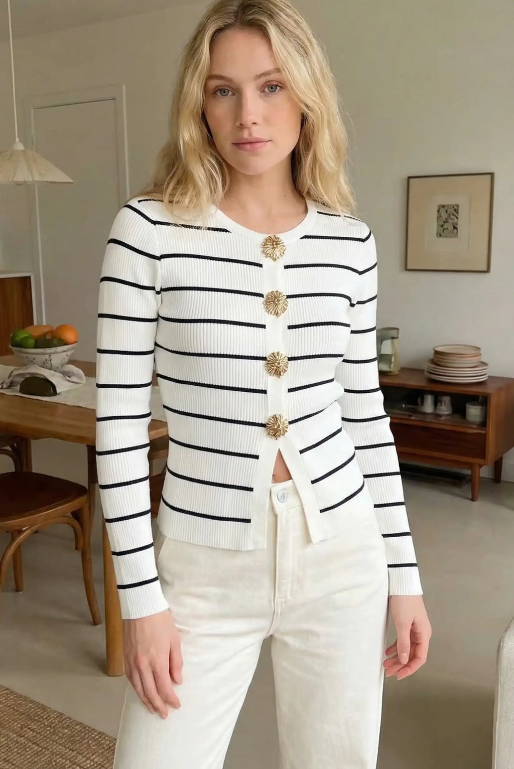 Jersey Mujer Rayas Blanco y Azul con Botones Dorados | Suéter Punto Fino
