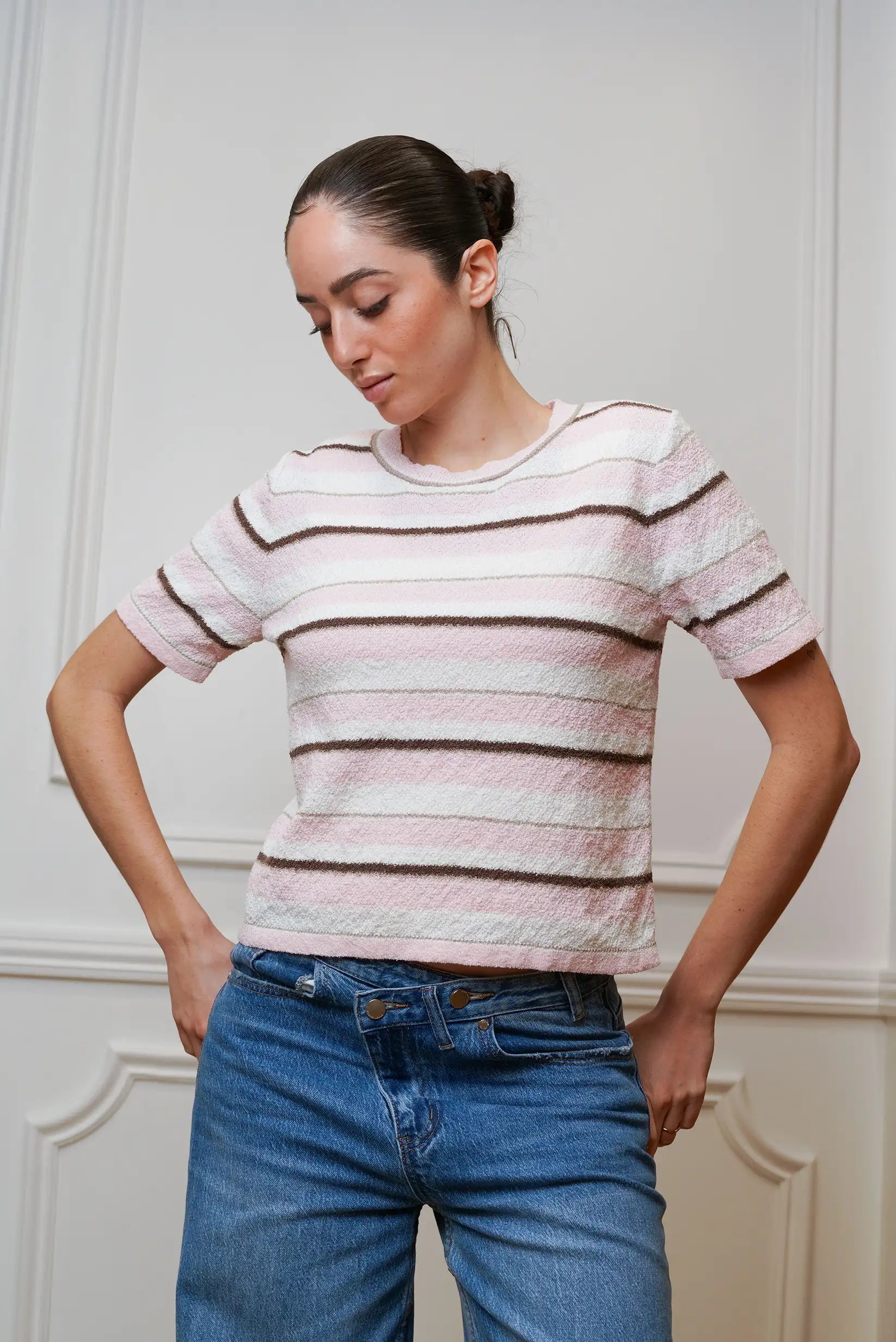 Top Camiseta Mujer Rayas Rosa y Beige manga Corta Primavera