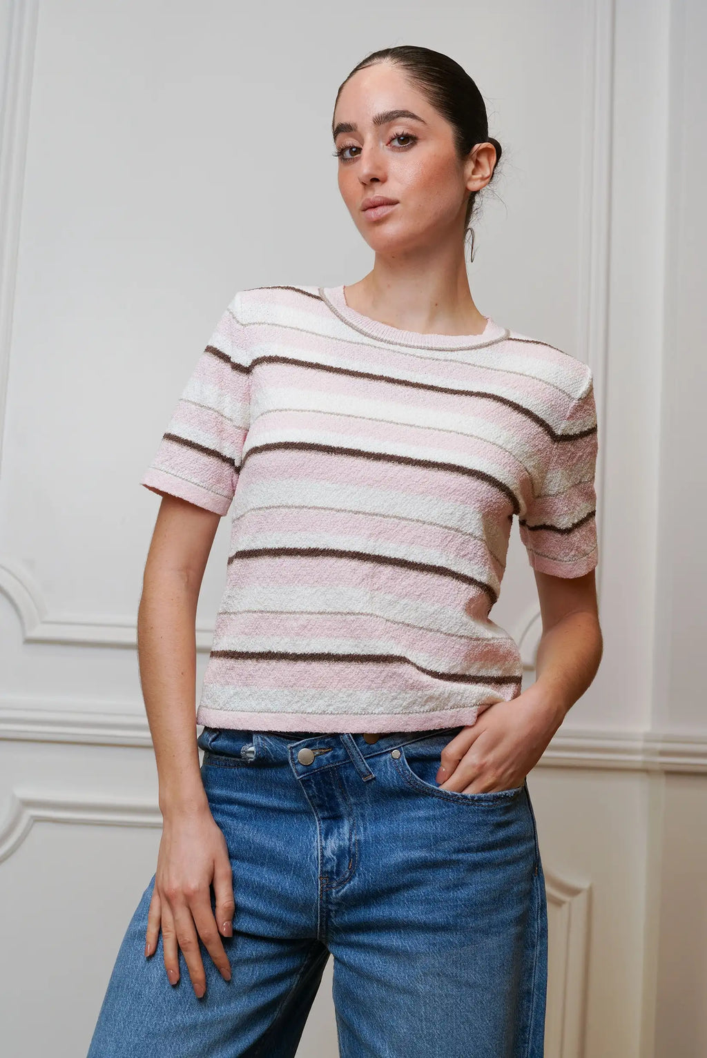 Top Camiseta Mujer Rayas Rosa y Beige manga Corta Primavera