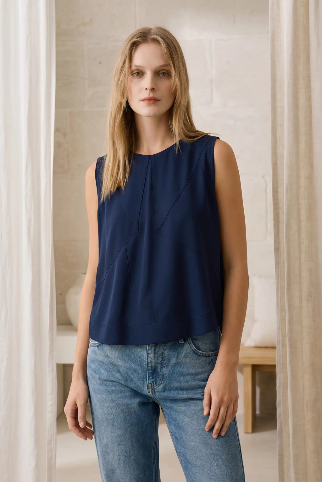 Top Mujer Azul Marino Sin Mangas Verano Fresco Elegante