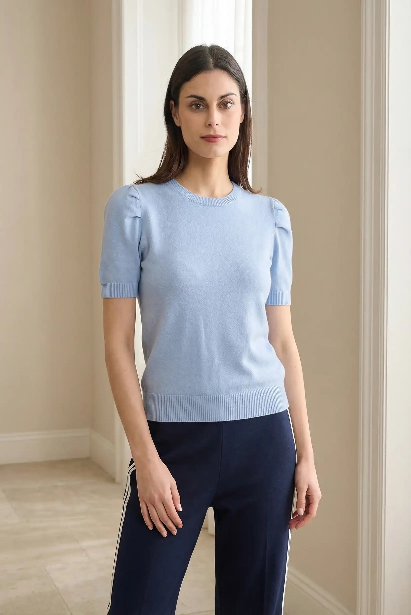 Top Mujer Azul Pastel Manga Corta Jersey Fino Punto Primavera