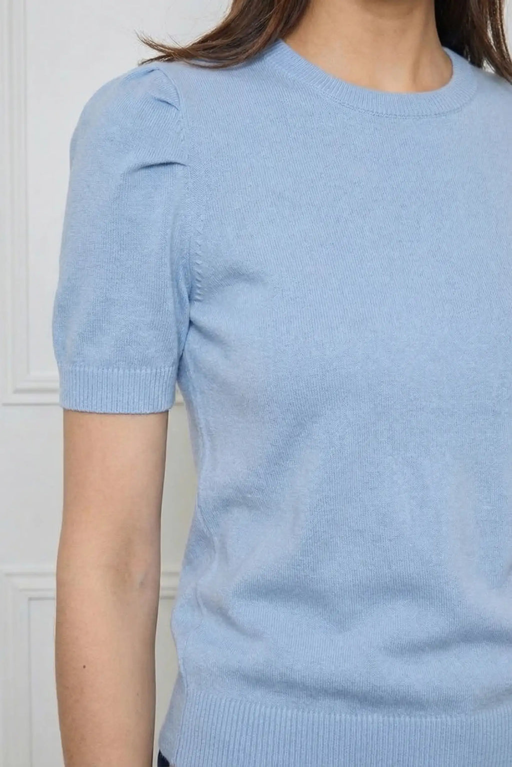 Top Mujer Azul Pastel Manga Corta Jersey Fino Punto Primavera
