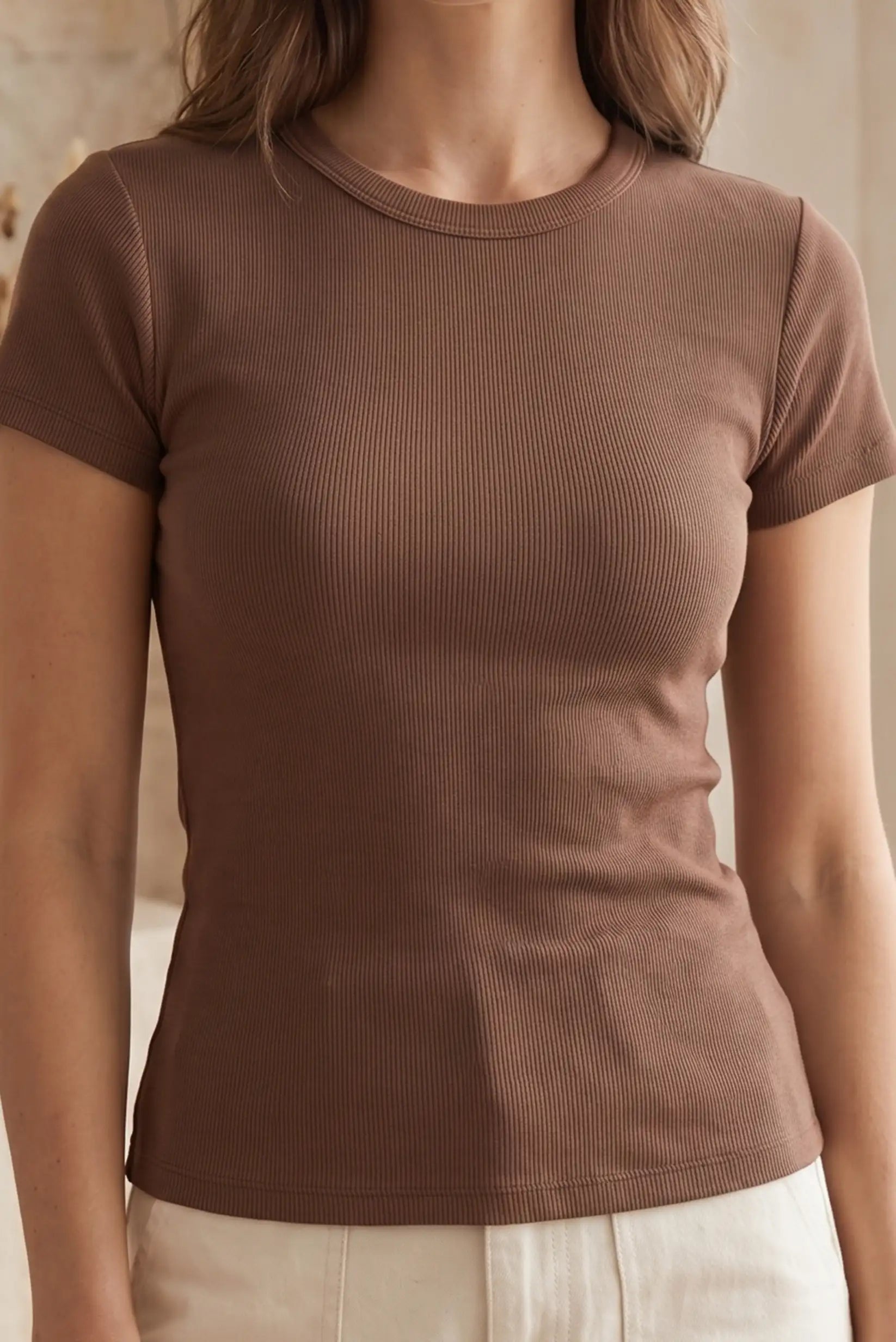 Camiseta Mujer Marrón Chocolate Canalé Manga Corta
