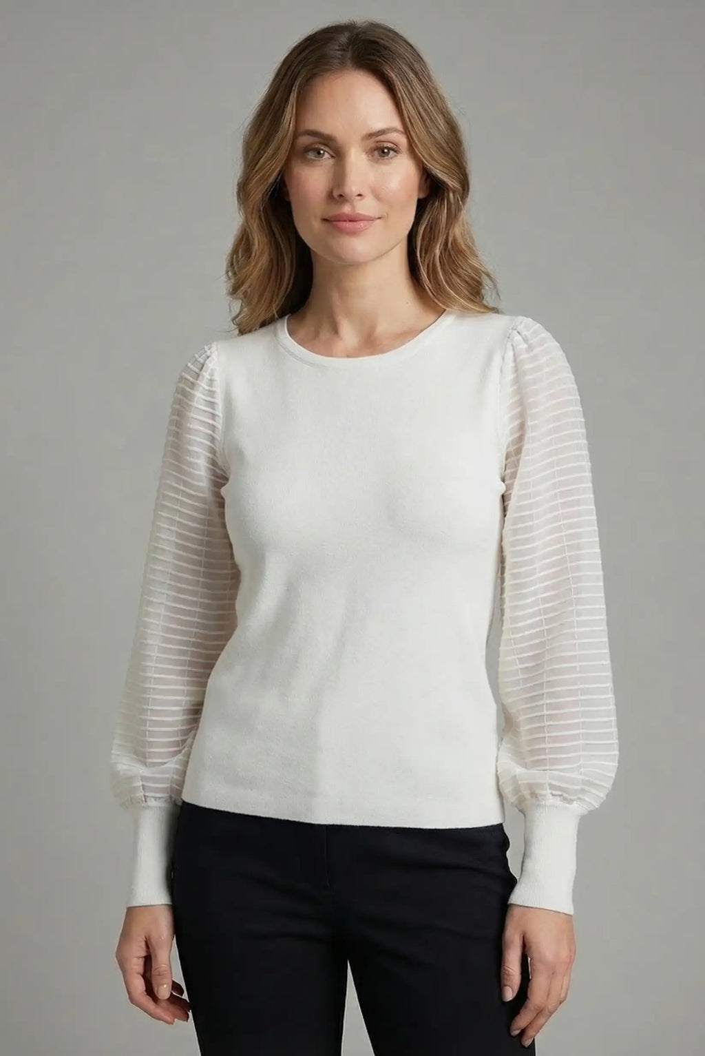 Jersey Mujer Blanco Manga Transparente Plisada punto