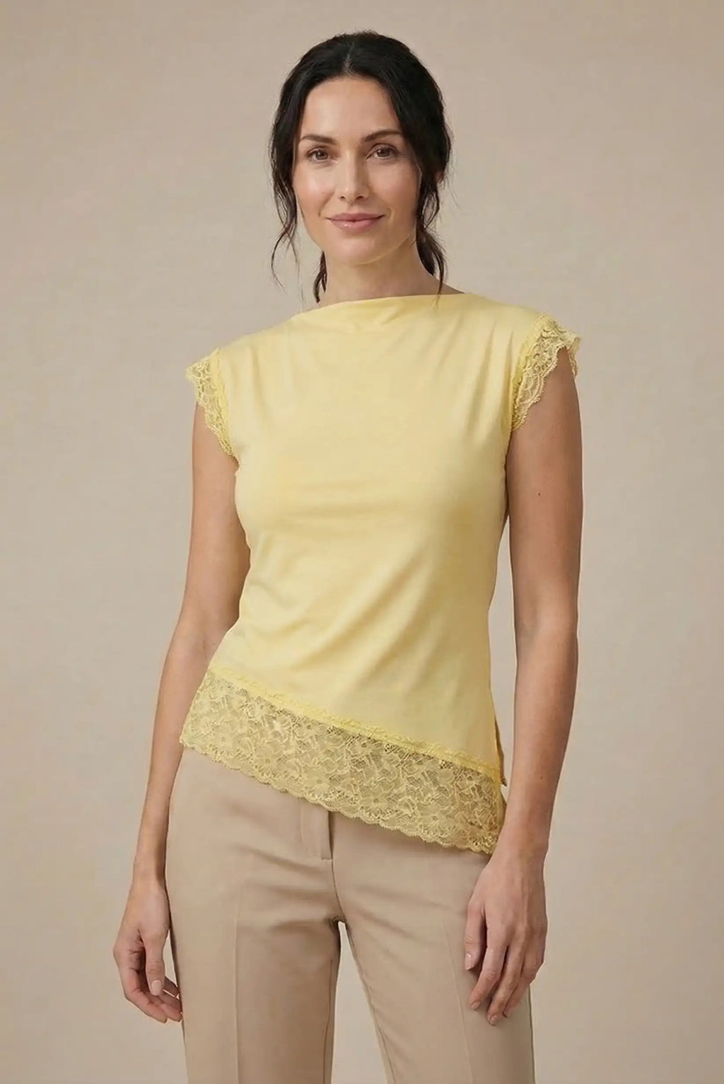 Top Mujer Amarillo Pastel con Encaje algodón Elástica Primavera