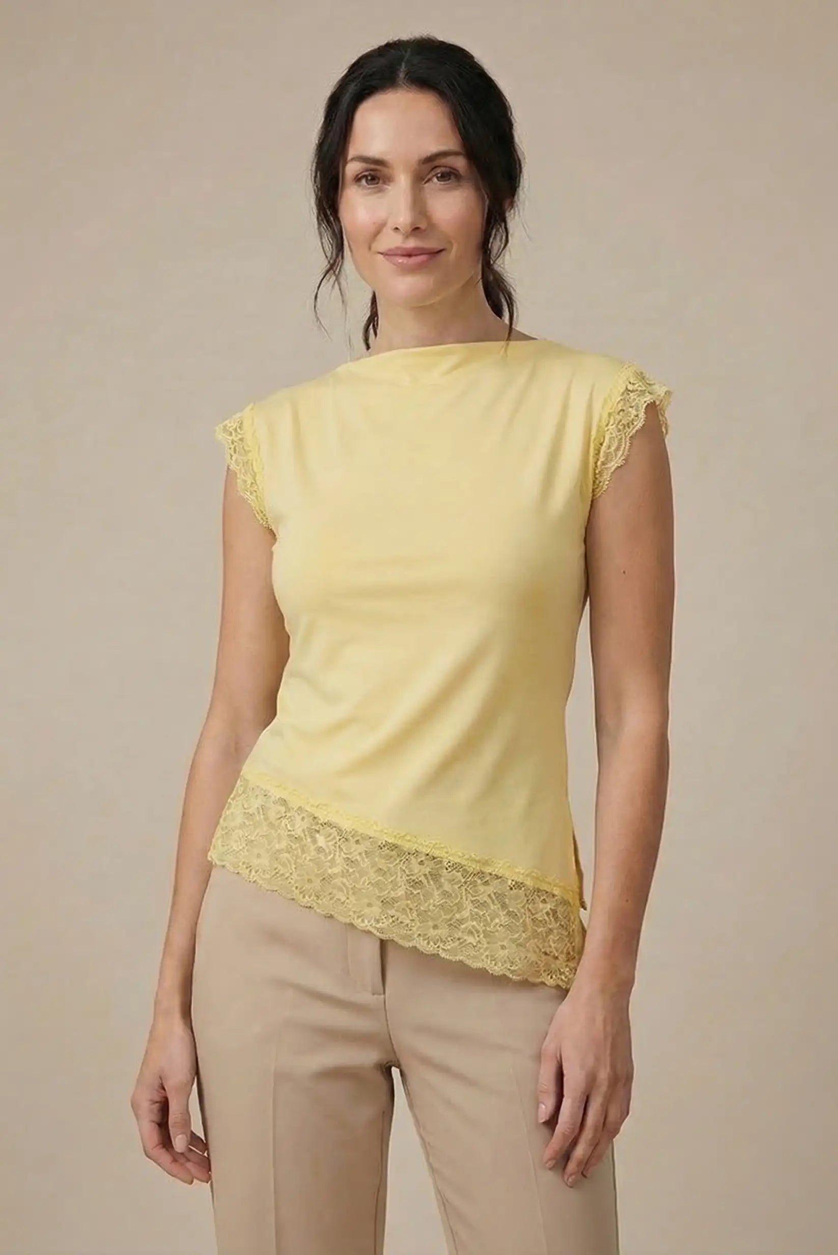 Top Mujer Amarillo Pastel con Encaje algodón Elástica Primavera
