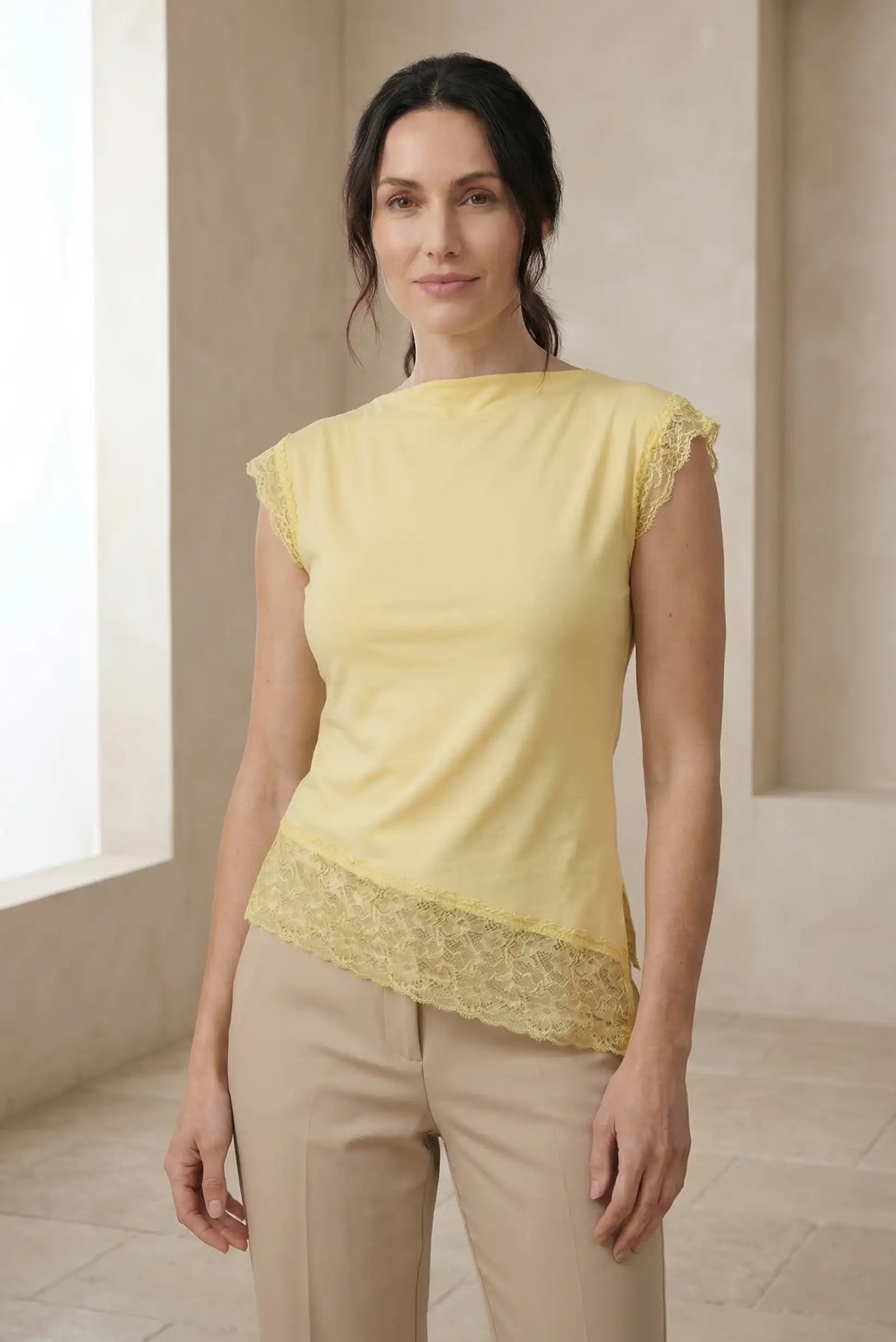 Top Mujer Amarillo Pastel con Encaje algodón Elástica Primavera