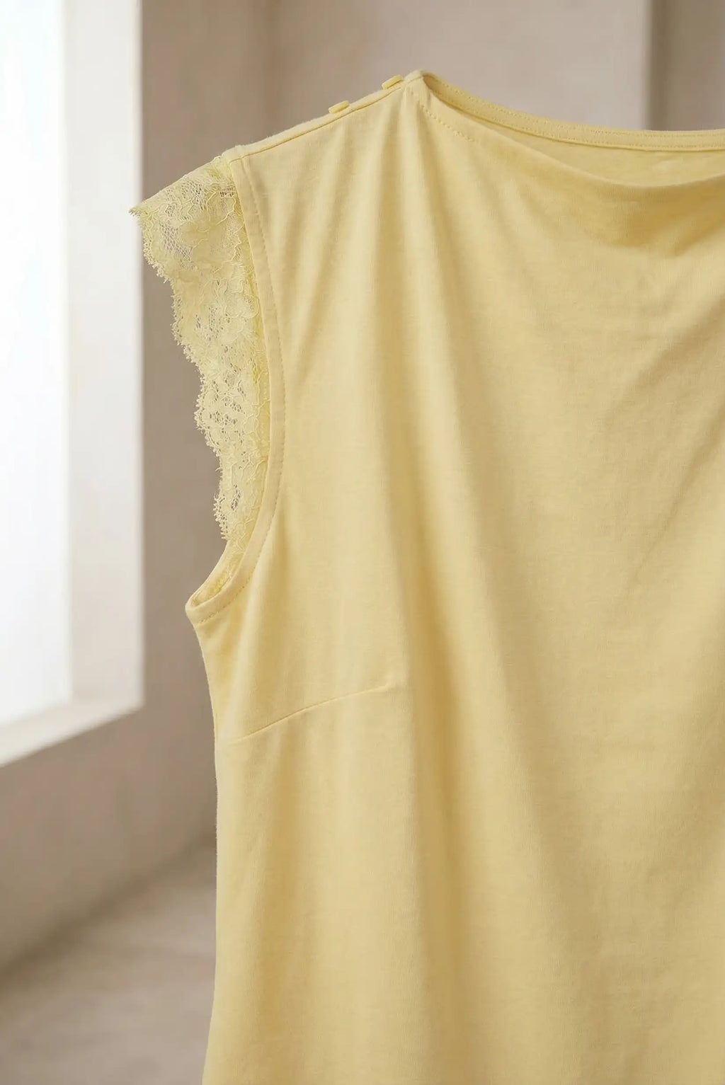 Top Mujer Amarillo Pastel con Encaje algodón Elástica Primavera