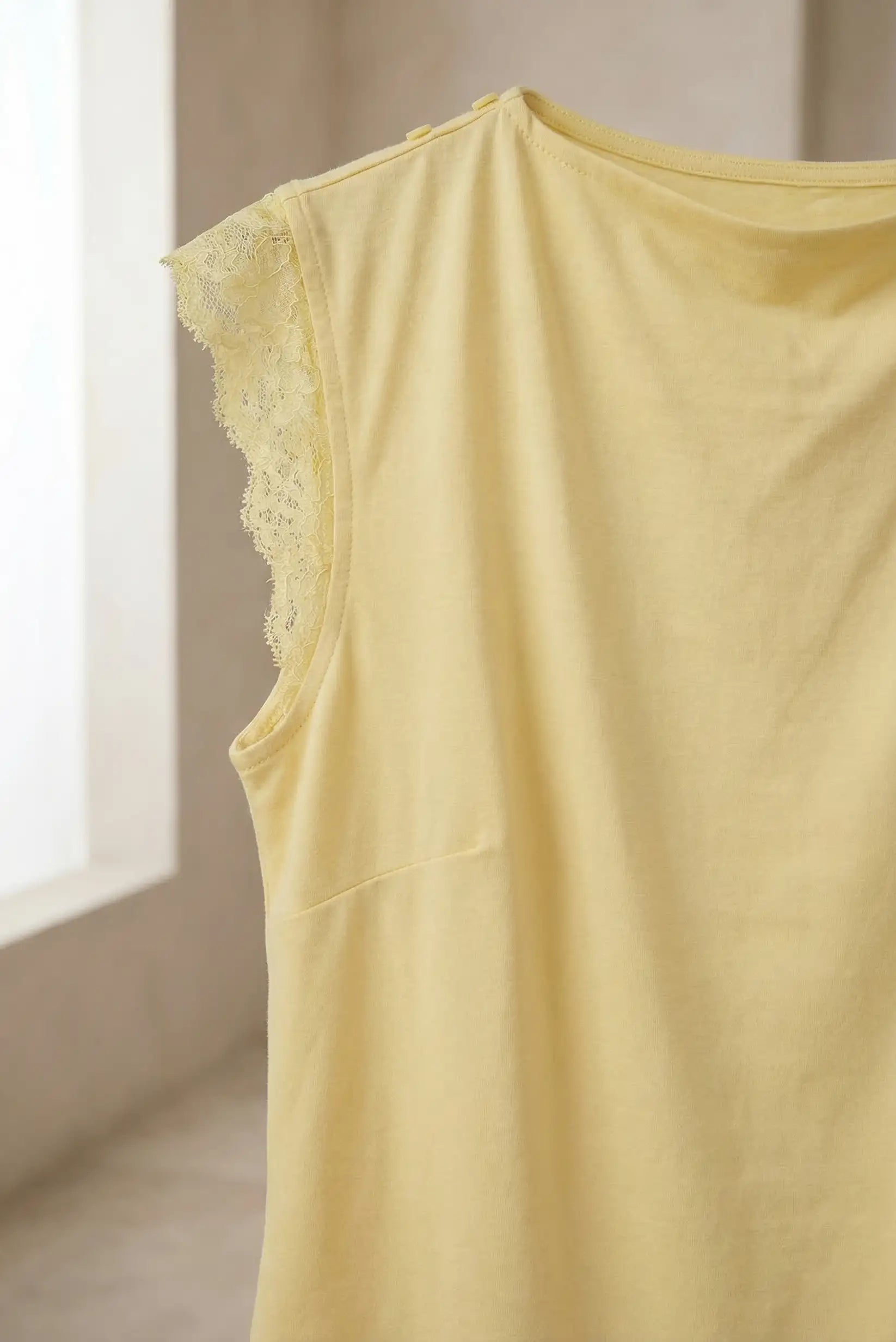 Top Mujer Amarillo Pastel con Encaje algodón Elástica Primavera