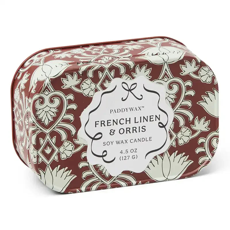 Vela Paddywax CHERIE French Linen & Orris 127g | Aroma Carmesí y Crema en lata vintage