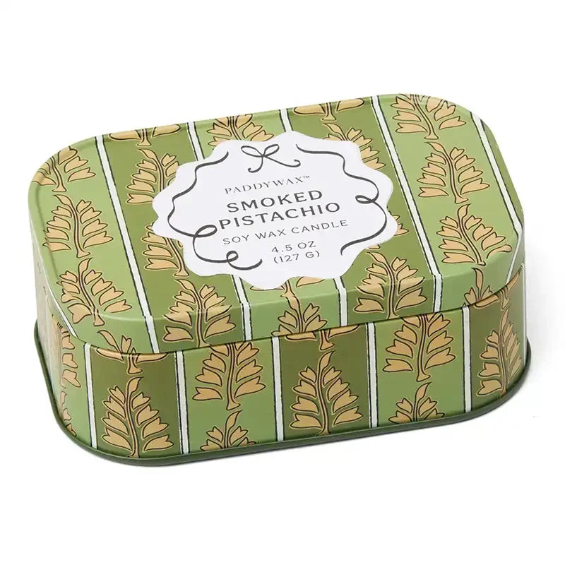 Vela Paddywax CHERIE Smoked Pistachio 127g |Lata verde decorativa con cera de soja
