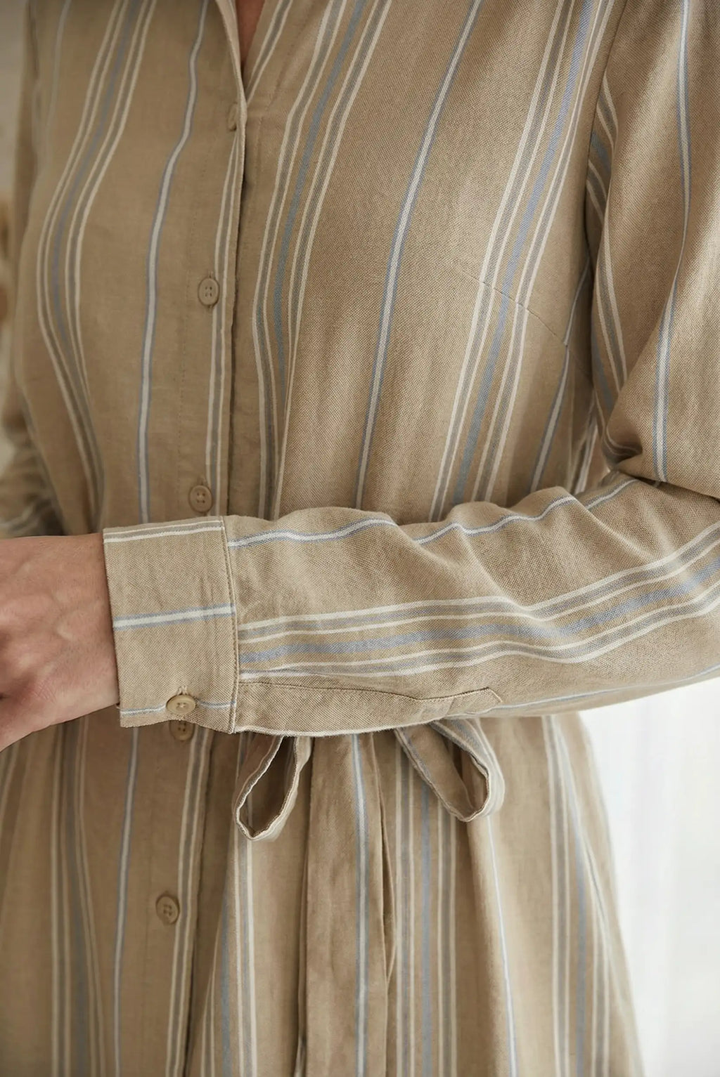 Vestido Camisero Mujer Rayas Camel Otoño Cinturón Ajustable